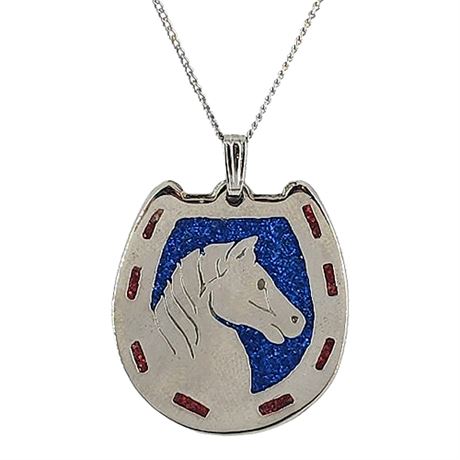 Signed Vintage 70s PSC  Inlaid Horse & Horseshoe Pendant Necklace