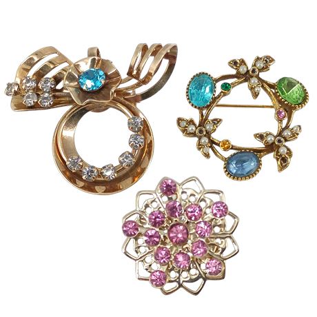 Springtime Colors Rhinestone Brooch Trio