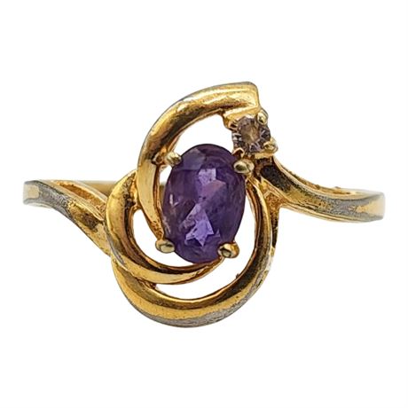Vintage Gold Tone Genuine Amethyst & CZ Ring, Sz 8