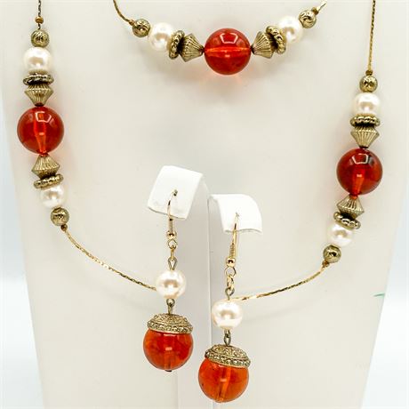 Vintage M.J. Carroll Gold Tone Beaded Necklace & Earring Set