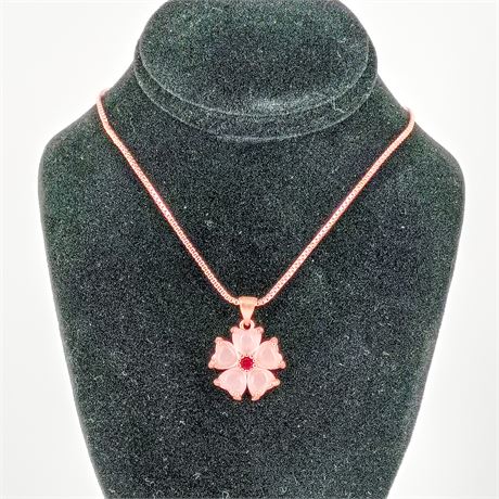 Rose Gold-Tone Flower Pendant Necklace – Pink Petals & Red Center Stone
