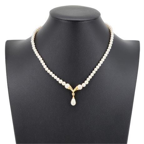Vintage NAPIER Y-Drop Faux Pearl Necklace w/ Rhinestone Accent