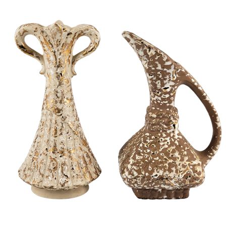 Vintage Ceramic Brown & White Splatter Pitcher / White & Gold Vase