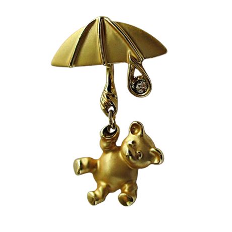 GIUSTI Gold Tone Dangling Teddy Bear from Umbrella Lapel Pin