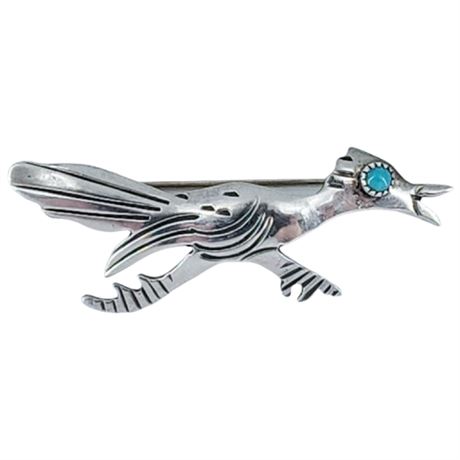 Vintage Native American Sterling Silver Turquoise Roadrunner Brooch