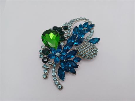 Large vintage blue and green Floral Design brooch