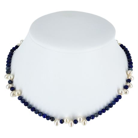 Vintage Freshwater Pearl & Lapis Lazuli Beaded Necklace