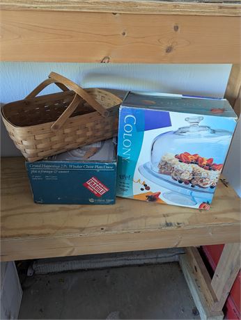 Lot Kitchen Items - Basket, Glass Cake Plate + Lid, Crystal Cheese Plate