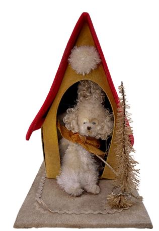 6” Mid Century Chenille Poodle Pup in Felt Doghouse Holiday Decoration