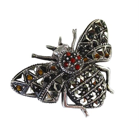 925 Sterling Silver BUMBLE BEE Brooch with Marcasite & Multi-Colored Gems