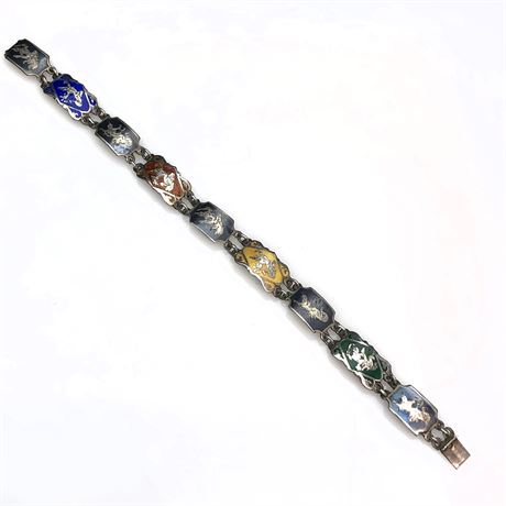 Vintage Siam Niello Colored Enamel Thai Goddess Sterling Silver Panel Bracelet