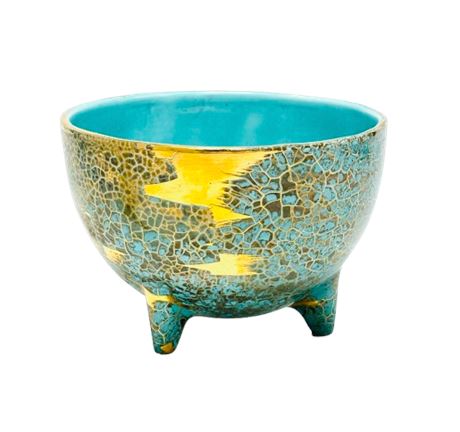 MCM Ceramic Footed Turquoise &Gold Bowl w/Crackle Glaze