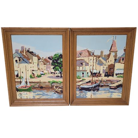 Pair MCM Paint By Number Italian Harbor Village Sailboats Scene Framed