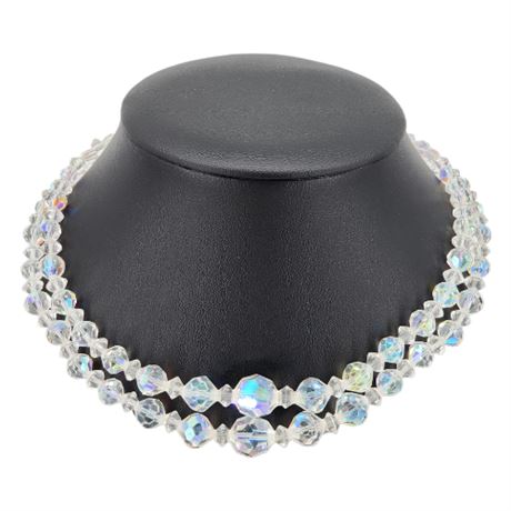 Vintage 2-Strand Faceted Aurora Borealis Crystal Bead Necklace