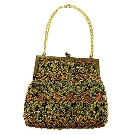 Vintage Beaded Tapestry Evening Bag with Gold Tone Chain, Brocade