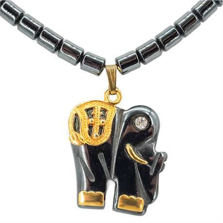 Vintage Hematite Elephant Beaded Pendant Necklace