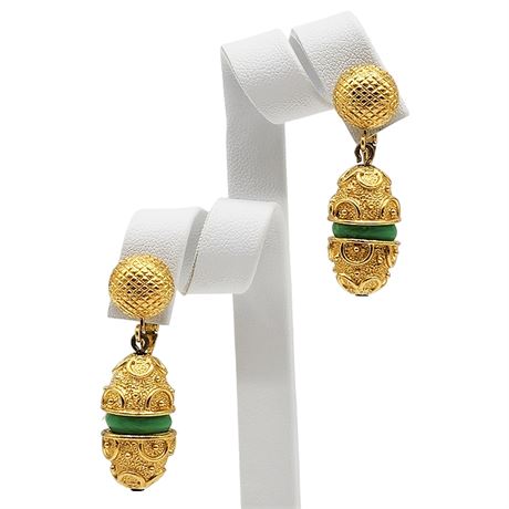 Vintage CROWN TRIFARI Gold Tone Green Glass Etruscan Drop Clip Earrings