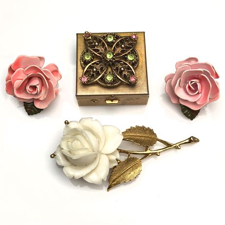 Vintage Celluloid Rose Brooch Pink Rose Earrings & Rhinestone Trinket/Pill Box