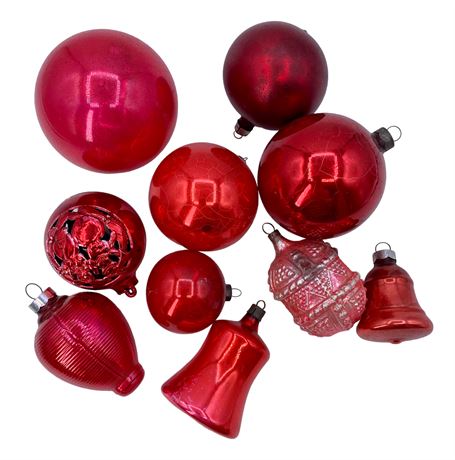 10 pc Antique to Vintage Ruby Glass & Composite Christmas Ornaments