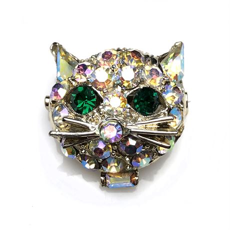 Vintage Aurora Borealis Green Eyed Rhinestone Cat Face Brooch