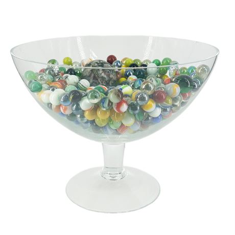 Large Glass Dish Filled with Assorted Vintage Marbles