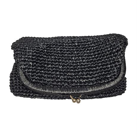 Vintage Italian Black Crocheted Plastic Raffia Fold-Over Kisslock Clutch