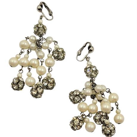 Faux Pearl and Rhinestone Cluster Dangle Clip Earrings
