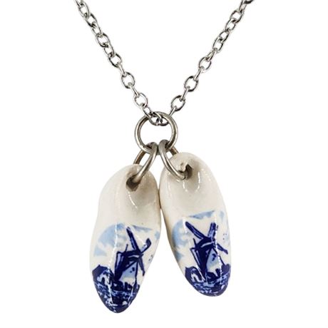 Vintage Hand Painted Delft Porcelain Clogs Pendant Necklace