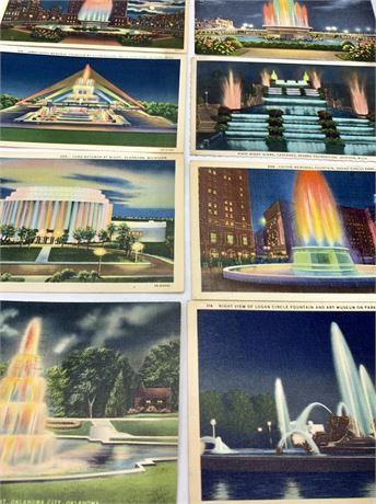 8 pc Vintage 1937-1944 Famous Fountain Night Scape Postcards