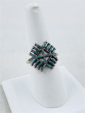 Vintage Zuni Needlepoint Turquoise Sterling Ring Size 7.75