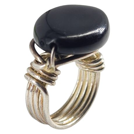 Artisan Made Silver Tone Wire Wrap Black "Stone" Ring, Sz 7.25
