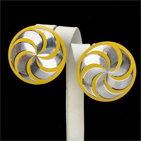 Vintage Yellow Enamel Retro Machined Metal Spiral Pinwheel Earrings