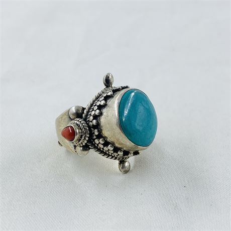 19.3g Sterling Turquoise + Coral Ring Size 8.5