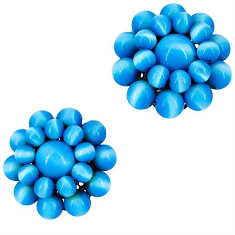 Vintage Blue Moonglow Lucite Beaded Clip-On Earrings