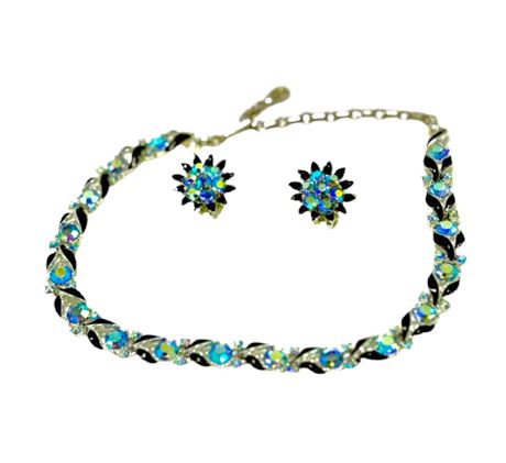 Vtg Lisner Black Enamel Rhinestone Necklace and Earring Set