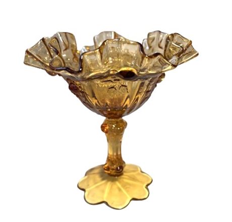 Amber Cabbage Rose Ruffle Rim Footed Compote, Candy Dish