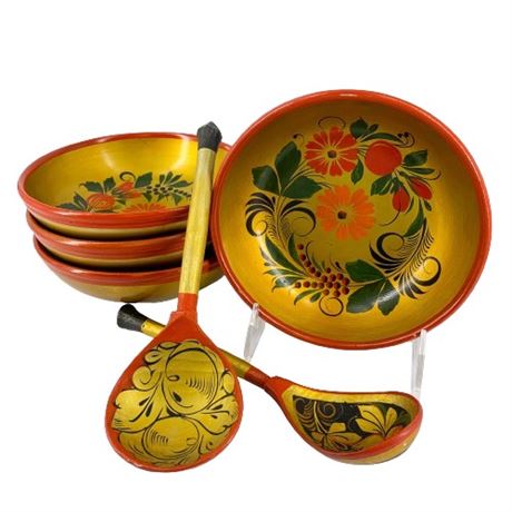 Hand Painted Russian Khokhloma Style Bowls/Spoons