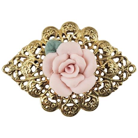 Vintage 1928 JEWLERY Gold Tone Filigree & Porcelain Rose Brooch