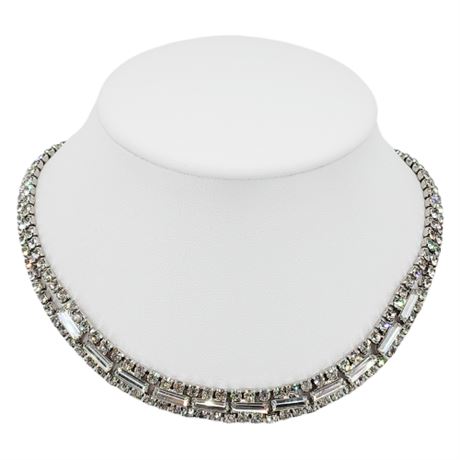 Vintage 3-Row Prong Set Rhinestone & Baguette Choker Necklace