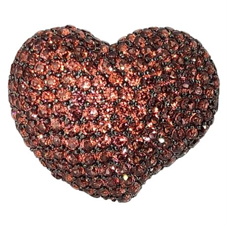 Signed SG Sterling Silver Brown Crystal Puffy Heart Ring, Sz 8
