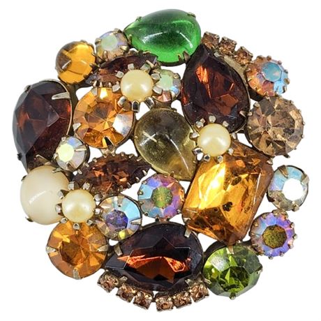 Vintage Autumnal Fruit Salad Rhinestone Circle Brooch