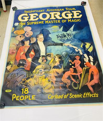 1920’s 80”x101” Linen Backed George Supreme Master of Magic Theater Lithograph