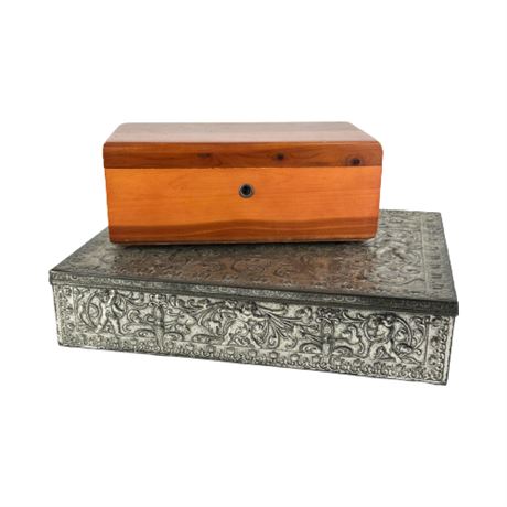 Lane Cedar Jewelry Chest & Eaton's Repousse Putti Stationary Box