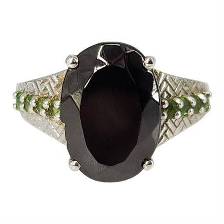 Signed D'JOY Sterling Silver Hematite & Green Tsavorite Garnet Ring, Sz 7