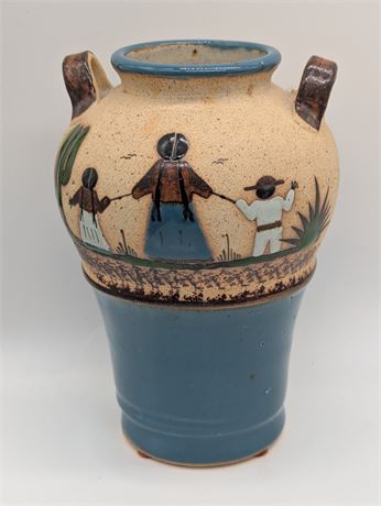 Vtg Tonala Mexican Folk Handle Pottery Vase Jug Mother Children