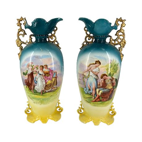 Pair Victoria Austria Porcelain Ewer Vases