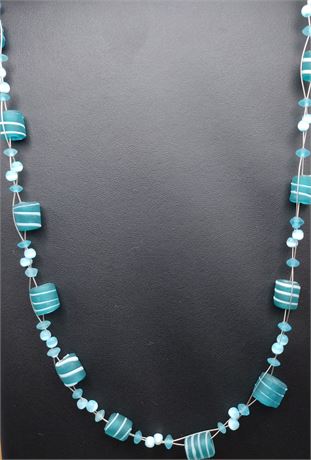 Frosted blue two strand bead necklace 25 in