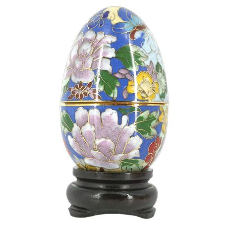 Vintage Cloisonné Floral Egg Trinket Box, Lid & Wood Stand, Multicolor Enamel