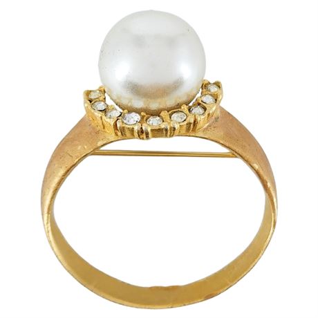 Vintage Oversized Faux Pearl & Rhinestone Ring Brooch