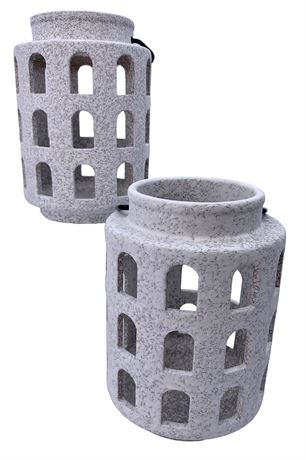 Pair of 9 1/2” White Pebbled Matte Pottery Candle Luminaries